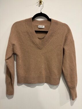 Naadam 100% Cashmere Sweater Cropped V Neck Beige Minimalist Soft Knit S/M